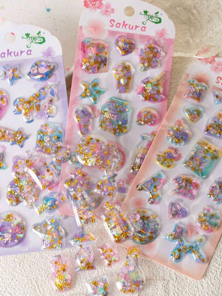 Cute Gold Glitter Shake Stickers - Light Color Design, Suitable For Mobile Phone Cases, Notebook Decorations And Handicrafts, Scissors Stickers, Diary Expansion, 3D Relief Stickers, Graffiti Stickers - Multicolor - View 1