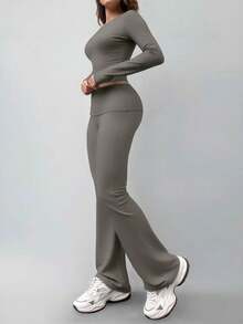 Women's Round Neck Long Sleeve T-Shirt And Pants Casual Matching Set, Versatile For Spring