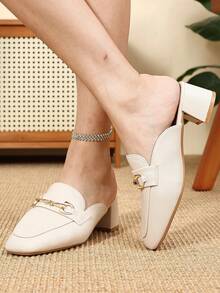 Women's Square Toe Chunky Heel Backless Mules, Fashion Comfortable Slip-On Loafers, Beige Plus Size, Casual Slide Shoes - Beige - View 2