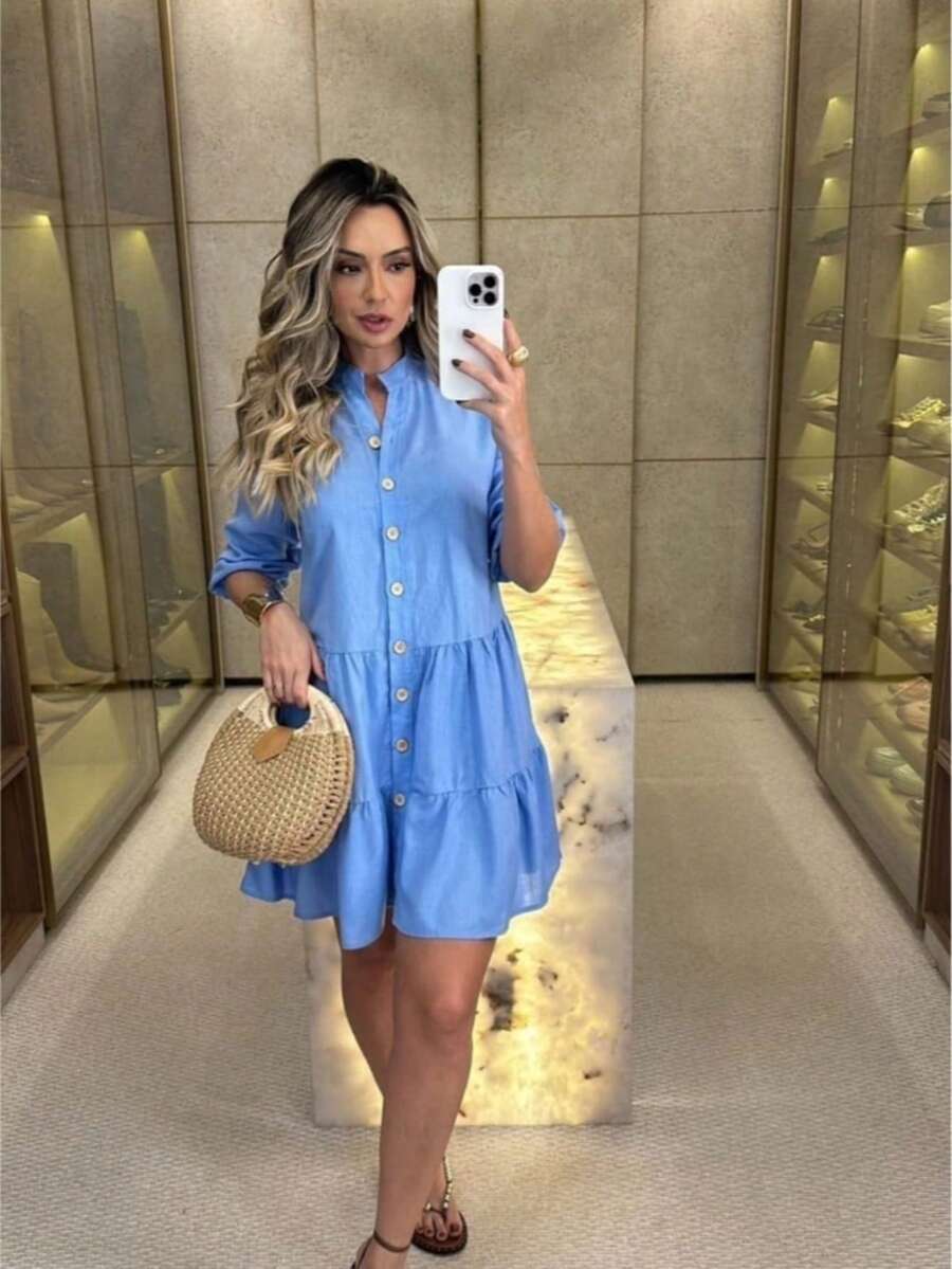 Women's Striped Midi Dress With Shirt Collar And Bishop Sleeves, Casual, With Buttons, Asymmetrical Hem, Summer And Beach. - 青碧色 - 查看 1