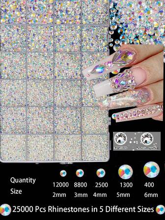 25000pcs Clear Rhinestone Variety Pack, Flatback & Round Plastic Gems, Bulk Craft Embellishments For DIY Fabric, Clothing, Nail Art, Tumblers, Jewelry - Multi-Sized Unscented Shiny Decorations