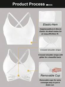 LianShengFa 1pc Seamless Ribbed Criss-Cross Strap Racerback High-Impact Sports Bra, Removable Pads, Soft Breathable Yoga Crop Top, Shiny - White - View 5