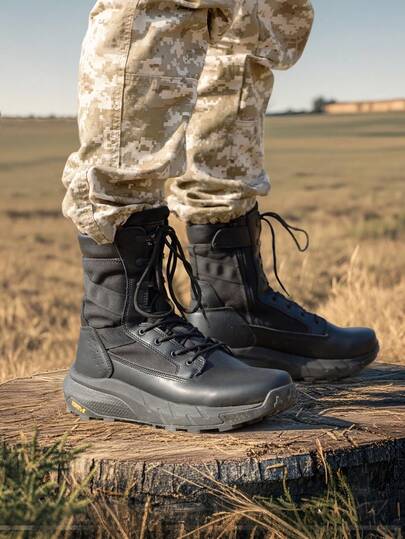 Men's 8-Inch Tactical Military Work Boots - Breathable Leather With Side Zipper, Lightweight For Hiking, Motorcycle, And Combat