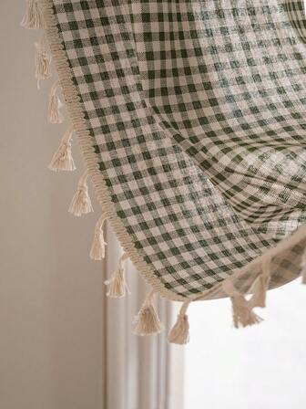 Tokoto 1件绿色格子印花窗帘，简约清新可爱风格米色流苏遮光窗帘，适用于儿童房、餐厅、酒店客房、节日派对、波西米亚风