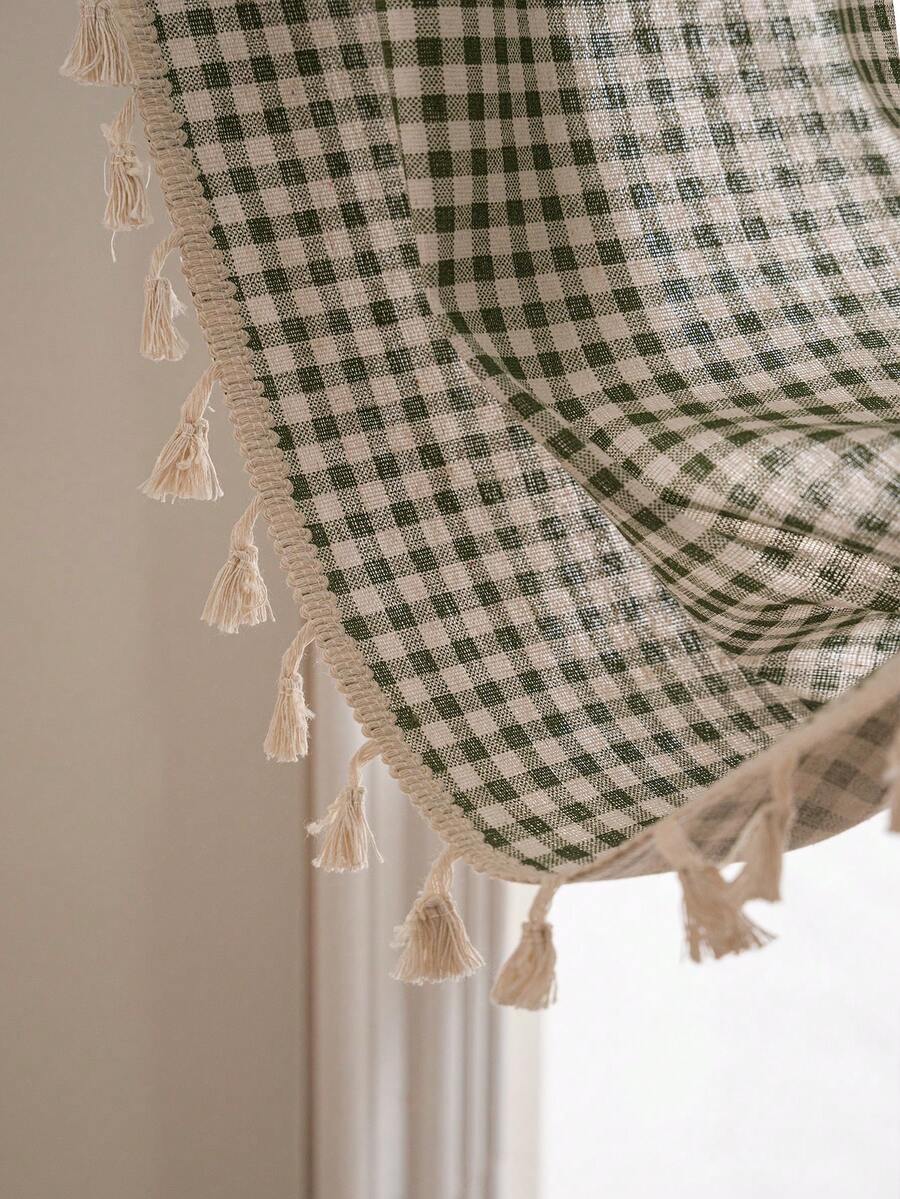 Tokoto 1 Rèm cửa họa tiết kẻ caro xanh lá cây, Rèm che nắng tua rua màu be phong cách tối giản, dễ thương, thích hợp cho phòng trẻ em, phòng ăn, phòng ngủ khách sạn, tiệc tùng ngày lễ, phong cách Boho
