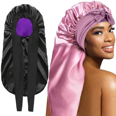 Double-Layer Long Satin Sleep Cap, Satin Lining, Suitable For Long Hair, Braids, Dreadlocks, Curly Hair, Reversible, With Drawstring, Adjustable Tightness, Hair Care
