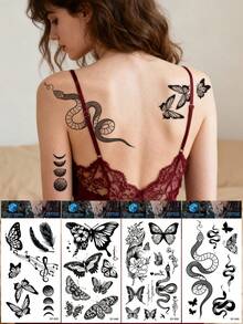 STARTTOOS 4pcs Dark Butterfly Snake Feather Music Note Floral Pattern Temporary Tattoo Stickers, Suitable For Shoulder Neck Collarbone Wrist Ankle DIY Daily Party Holiday Gift Waterproof Realistic Tattoo Stickers - Black - View 1