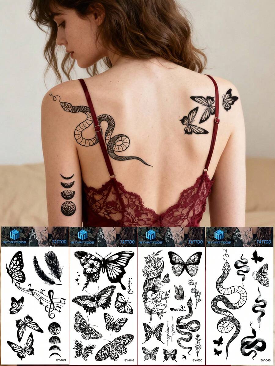 STARTTOOS 4pcs Dark Butterfly Snake Feather Music Note Floral Pattern Temporary Tattoo Stickers, Suitable For Shoulder Neck Collarbone Wrist Ankle DIY Daily Party Holiday Gift Waterproof Realistic Tattoo Stickers - Black - View 1