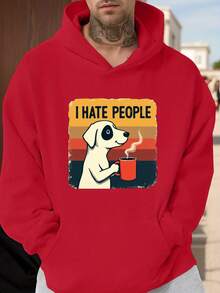 Sudadera con capucha para hombres 'I Hate People' con patrón de café de perro - Rayas retro verdes vibrantes, sudadera casual suelta con bolsillo canguro, sudadera de forro polar lavable aáquina para otoño e invierno, impresión llamativa, tela cómoda,  de estilo urbano - Negro - Ver 9
