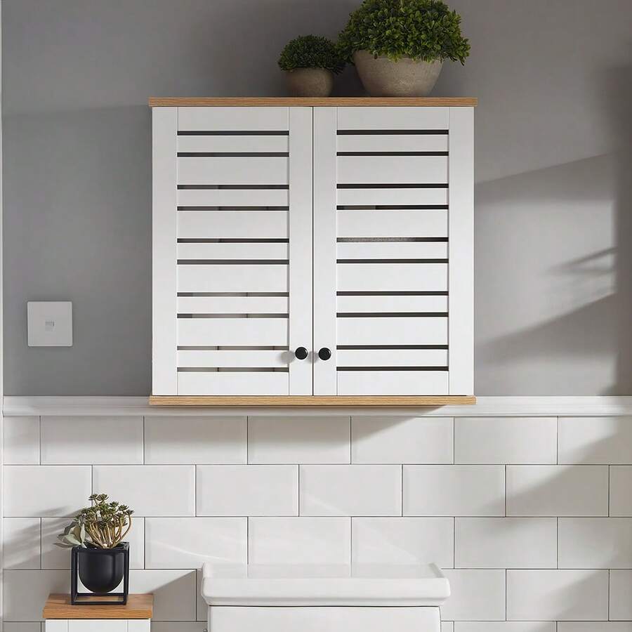SoBuy BZR42-W Wall Cabinet With Louvre Doors Wall Cabinet Bathroom Cabinet Kitchen Cabinet Medicine Cabinet Bathroom Furniture White-Natural W X H X D Approx: 60 X 56 X 19 Cm - White - View 1