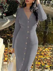 Yuwenier Elegant V-Neck Long Sleeve Fitted Ribbed Knit Gray Maxi Sweater Dress, Button Front, Regular Hem, Suitable For Casual Wear In Autumn/Winter - Grey - View 4