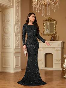 hezixi High-Quality Stretchy Sequin Maxi Dress, Comfortable Fit For All Figures, Sheer Round Neck Long Sleeve Bodycon Mermaid Hem Design, Solid Color Elegant Luxury Women's Evening Gown, Suitable For Parties, Weddings, Formal Events, Galas - 黑色 - 查看 9