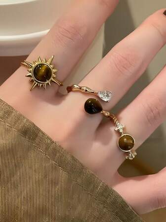 1 Set Gold Sunflower & Tiger Eye Stone Rings, Luxury Minimalist Aesthetic Stackable Vintage Finger Rings, Suitable For Women's Daily Wear
