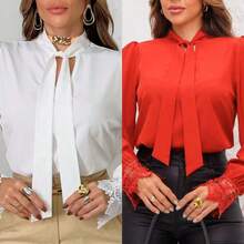 Elegant Women's Formal Blouse, V-Neck With Bow, Embroidered Lace Blouse, Cuffed Sleeve Blouse, Women's Lace Tops - 白色和橙色2件 - 查看 1