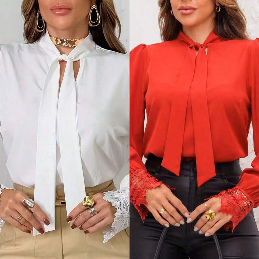 Elegant Women's Formal Blouse, V-Neck With Bow, Embroidered Lace Blouse, Cuffed Sleeve Blouse, Women's Lace Tops - 白色和橙色2件 - 查看 1