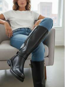 2025Women's Knee-High Knight Boots In Black With Elegant Square Buckle Decoration For The Fall And Winter Season, Suitable For Dating, Parties, Shopping And Commuting During The Back-To-School Season And Valentine's Day.