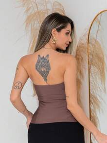 Butterfly Cropped Blouse With Ruffled Neck Tie - Coffee Brown - View 4