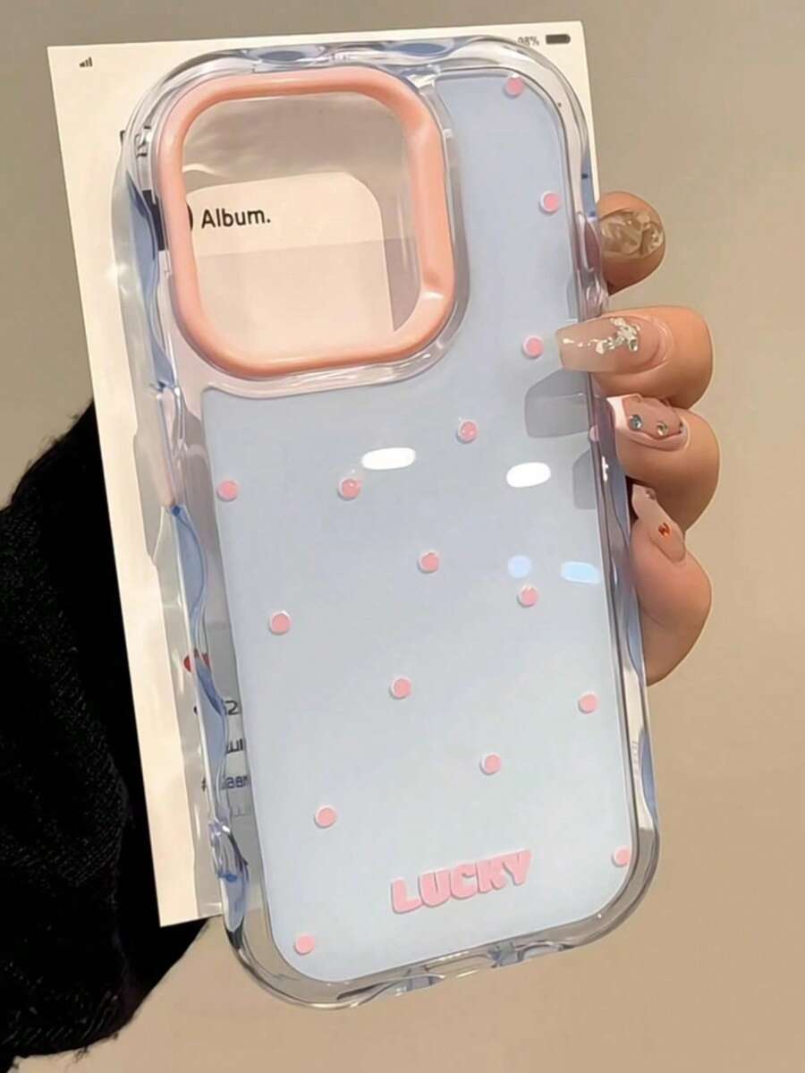 1pc Minimalist Summer Polka Dot Solid Color Wavy Frame Jelly Phone Case Compatible With Iphone 16 Pro Max/IPhone 15/Korean Style Women New 14/16/16 Pro/15 Pro/13/12/11, Anti-Drop Protective Cover Waterproof Shockproof Scratch Resistant - Baby Blue - View 1