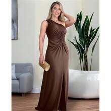 Long Emerald Green Dress In Blue, Green, Red, Marsala, Rose, Olive + Colors For Bridesmaids, Graduates, And Guests. One-Shoulder Design With Flowing Cups, Fits Sizes 36 To 42. - 鏽棕色 - 查看 3