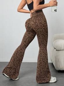 1 Stück nahtlose Leopard Muster Sport Schlaghose, Hoher Bund enge Yoga Leggings, Gerippte Casual Hose, Outdoor Casual Skinny Schlaghose Frühling - Braun - Übersicht 3