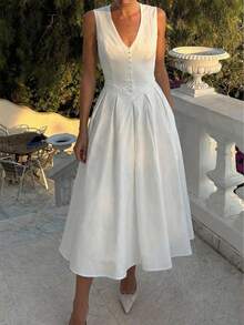 2025新款优雅法式V领收腰全摆中长连衣裙，复古拼接无袖背心连衣裙，春夏时尚度假海滩派对家庭聚会假日晚礼服 白色 - 白色 - 查看 4