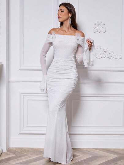 Vestido de noche formal elegante de cola de sirena con hombros descubiertos, de malla blanca con flores 3D de strass para mujer, vestido de invitada de boda, fiesta de cumpleaños