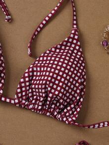 女士紫白格纹挂脖系带比基尼，甜美性感的两件套，适合浪漫的春夏假期。