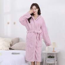 1pc Women Student Solid Color Jacquard Coral Fleece Soft Absorbent Warm Casual Home Cute Hooded Bathrobe Bath Robe Morning Robe Long Robe Loungewear Bathing Swimming Travel Personal Use Gift - Multicolor - View 11