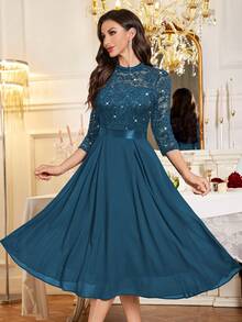 MIUSOL 亮片花卉蕾丝高领七分袖荷叶边雪纺摆裙，优雅女士派对礼服，A字裙摆，适合婚礼宾客、毕业典礼、正式晚宴等场合，情人节春季款。 - 霧霾藍 - 查看 9