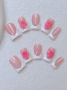 10片装Y2K风鸭嘴美甲贴片套装 - 手工制作，粉色美甲，白色法式风格，手工3D粉色花瓣花朵，四朵3D粉色花朵，手绘花朵和手绘3D水滴设计，闪亮金色小钢珠点缀 - 适合女性和女孩，派对、婚礼、日常佩戴 - 彩色 - 查看 2