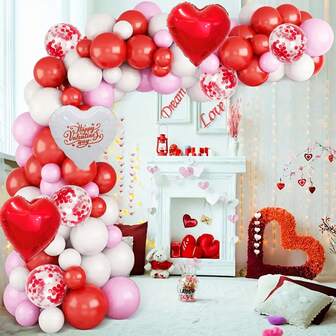 98pcs Red Heart Arch Balloon Set, Red Pink White Balloons, Multicolor Confetti Balloons, Suitable For Engagement, Wedding, Birthday Party, Anniversary, Valentine's Day, Home Decor, Atmosphere Arrangement