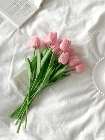 12pcs Artificial Pink Tulip Flowers, Suitable For Home Decor, Room Decor, Mother's Day, Spring Decoration, Room, Office Desk, Garden Decor, Kitchen Decor, Gifts