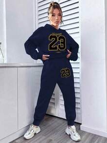 Women's Letter Print Warm Hoodie And Pants Set