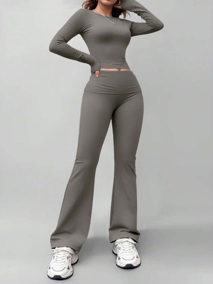 Women's Round Neck Long Sleeve T-Shirt And Pants Casual Matching Set, Versatile For Spring