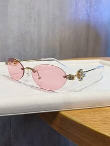 1副女士时尚眼镜，新款椭圆形无框设计，镶嵌水钻，时尚别致，适合街头风、度假、送礼、日常佩戴、派对、外出以及防晒。 - 彩色 - 查看 16