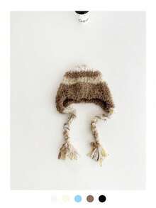 Cute Cat Ear Colorful Knitted Beanie Hat For Women, Solid Color Witch Knitted Bucket Hat With Pom Pom, Braided Trapper Earflap Hat, Versatile Handmade Knit Bucket Hat With Tie - Color Stripes - View 11