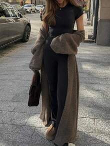 SEREN 秋冬V领长款针织开衫，柔软简约，宽松百搭，韩式休闲风格，适合日常外出和通勤，女士秋季毛衣外套 - 卡其色 - 查看 6