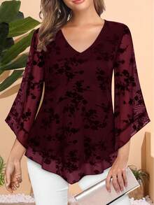 CheersLife Plus Size Women Elegant Blouse, V-Neck Double-Layer Elastic Mesh Casual Flowy Work Shirt With Ruffle Trim & 3/4 Bell Sleeve, Belted Waist Top Spring - Burgundy - View 1