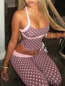 女士休闲波点两件套，街头风度假派对装扮，春夏粉色 - 粉色 - 查看 5