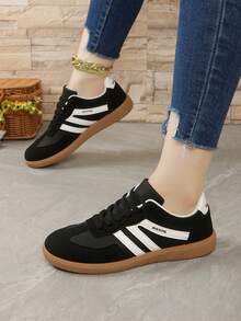 女士多功能时尚休闲鞋，平底系带圆头橡胶底休闲运动鞋，黑卡其色拼接，日常百搭鞋款，尺码36-41，时尚百搭 - 黑色 - 查看 8