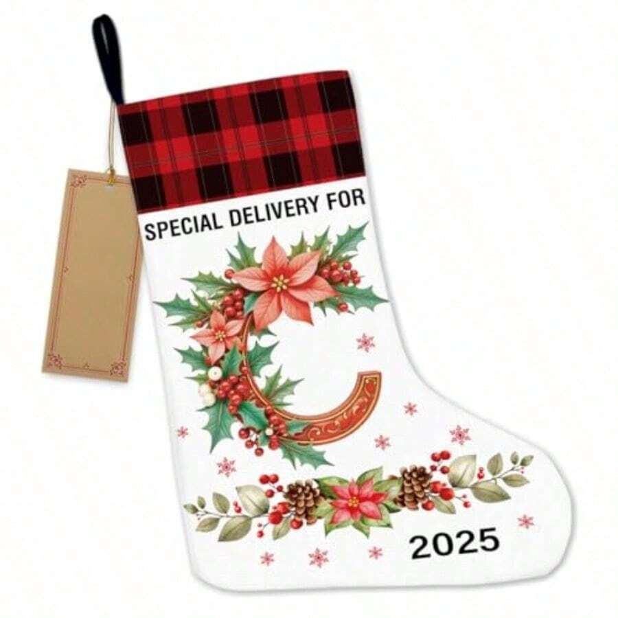 yCalcetin de Navidad inicial C 2025 calcetin de Navidad personalizado con letra C entrega especial para calcetines de Navidad con diseño de bufalo rojo a cuadros para decoracion de Navidad familiar - como en la foto - Ver 1