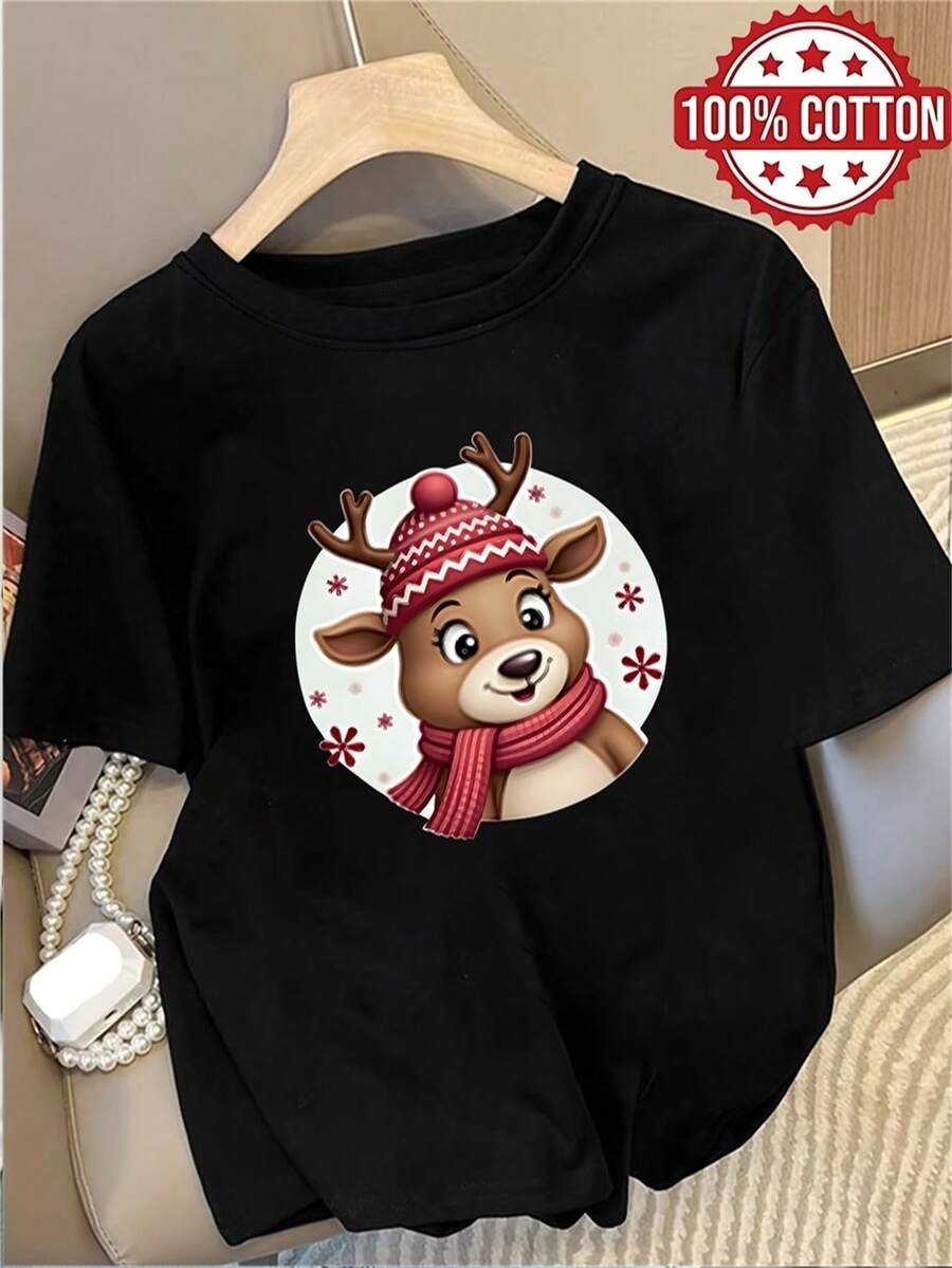 1PC 100% Cotton Cute Reindeer with Scarf and Knitted Hat Print Women's Crewneck Tshirt, Relaxed Fit, Soft and Comfy, Perfect for Christmas, Holiday Gift, Birthday Gift, Suitable for Daily Wear. - Negro - Ver 1