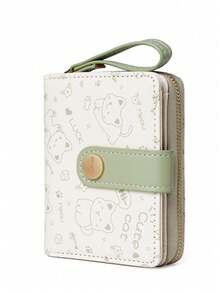 Cute Petite Cat Design Wallet, Women's Small Zipper Purse With Card Holder, Fresh Japanese Style - Green - View 2