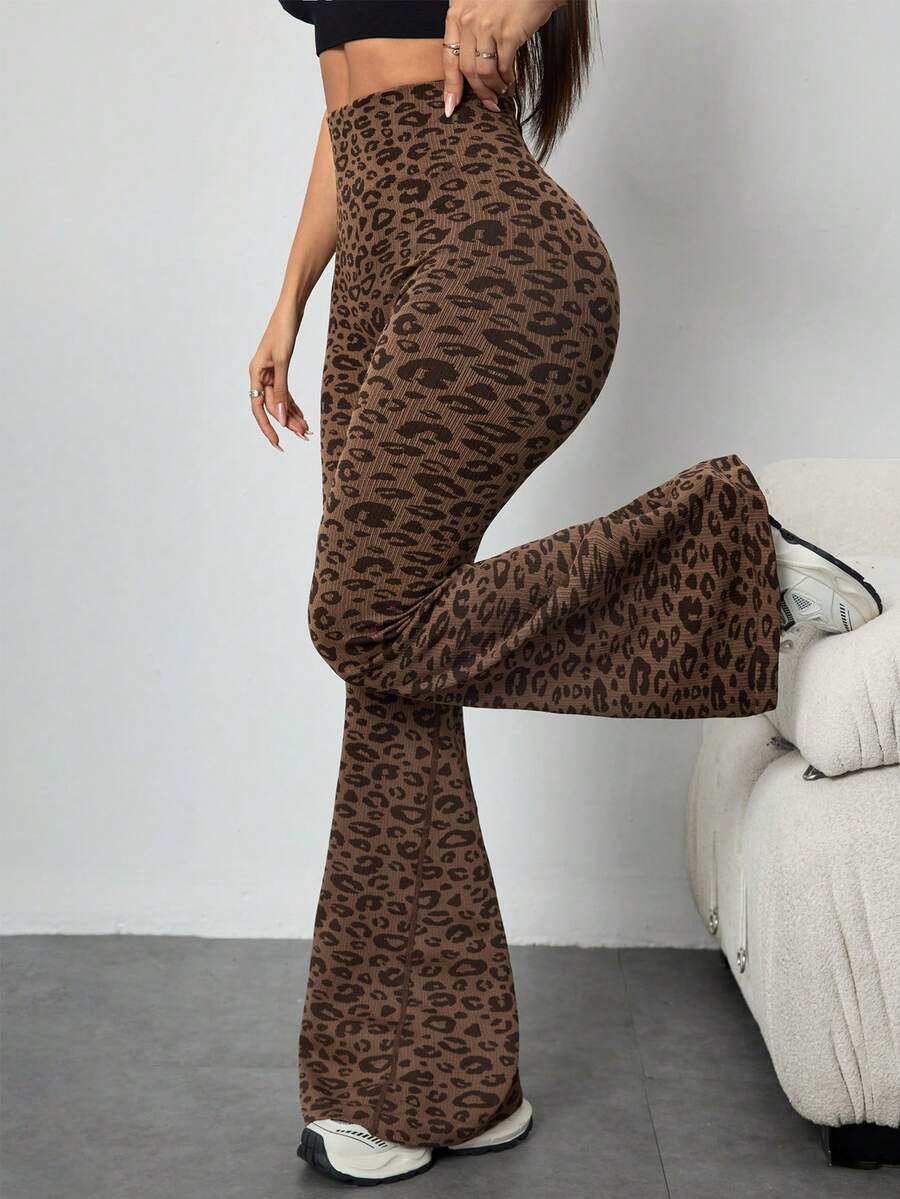 1 Stück nahtlose Leopard Muster Sport Schlaghose, Hoher Bund enge Yoga Leggings, Gerippte Casual Hose, Outdoor Casual Skinny Schlaghose Frühling - Braun - Übersicht 1