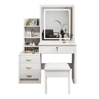 Stylish Dressing Table With Mirror And Lighting, Including Soft Stool, Makeup Mirror With Lighting, Dressing Table Set, 3-Color Adjustable Lighting, 4 Drawers, White, W85/H130/D36cm.