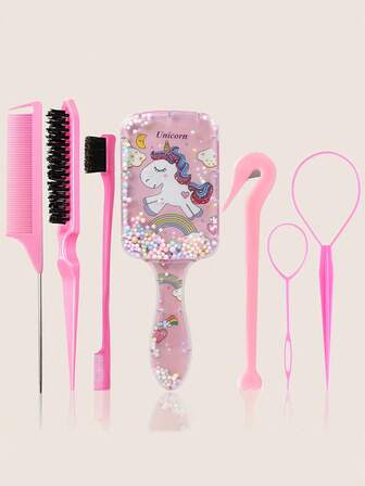 7件套气垫发梳套装，可爱独角兽卡通梳，发尾造型工具，边缘梳，发梳，尖尾梳，造型梳，适合女孩打造柔顺发型，发型设计和清洁。