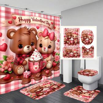 1/4 Piezas Conjunto de Cortina de Ducha con Corazón y Oso de Peluche para el Día de San Valentín con 12 Ganchos, Cortina de Ducha Impermeable, Alfombra de Baño Antideslizante, Tapa de Inodoro y Alfombra en Forma de U, Juego de Decoración de Baño de Dibujos Animados Lavable a Máquina