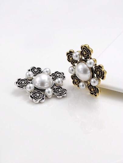 2pcs/Set Vintage Elegant Metal Flower Pearl Decor Buttons, Suitable For Fur Coats, Sweaters, Suits, Dresses, Cardigans, Jackets, DIY Crafts, Gifts