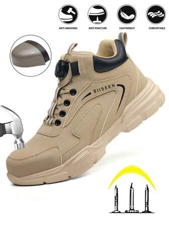UMBURLLY Men's Safety Shoes With Steel Toe Cap, Anti-Puncture, Kevlar, Fashion Button Design, Work Boots For Factory, Warehouse