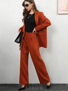 FD1114 Spring Women's Two Pieces Set Long Sleeve Coat &Office Business Pants - Coffee Brown - View 4